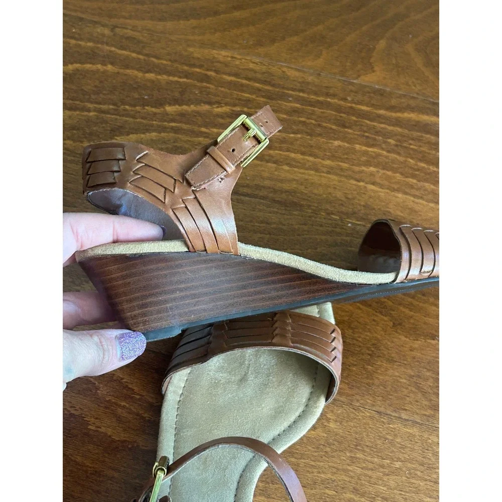 Lauren Ralph Lauren Latrice Tan Brown Leather Woven Wedge Sandals Size 8 B